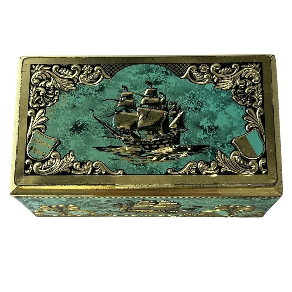 Vintage Tin Cigar Container Made In West Germany Ship Motif Green Teal Gold 8"L - Picture 4 of 7